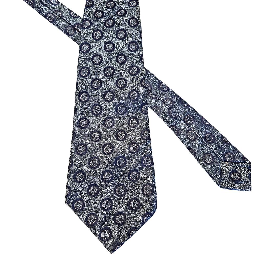 Mens Vintage Geometric Tie Blue Pattern Acetate Rayon Wide Circle Print 57"